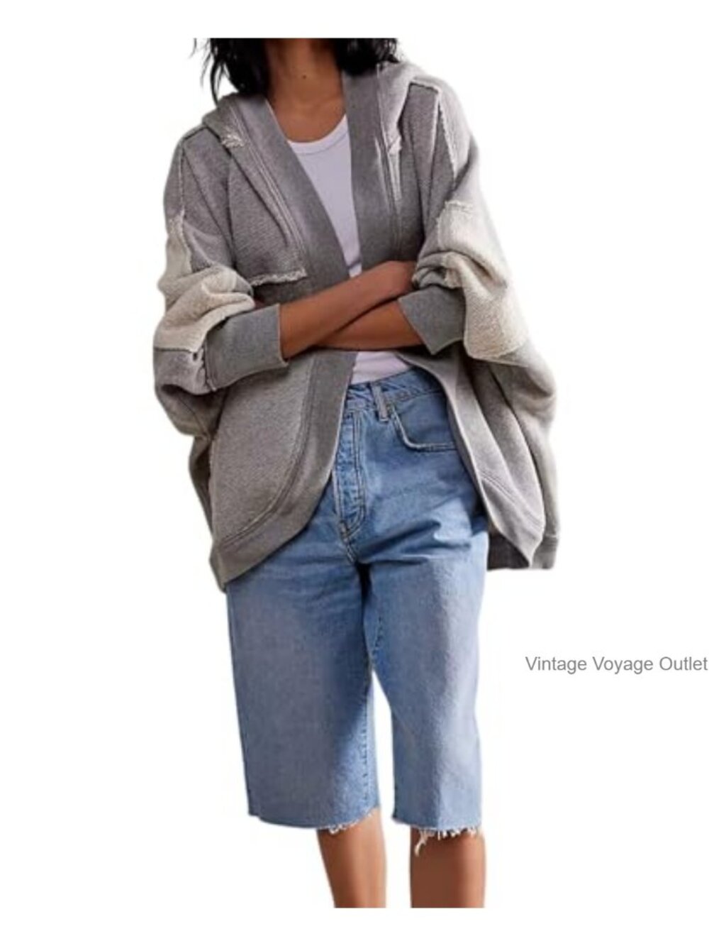 Oversized Open Front Hoodie Cardigan Sweatshirt Batwing Sleeve Patchwork Fall